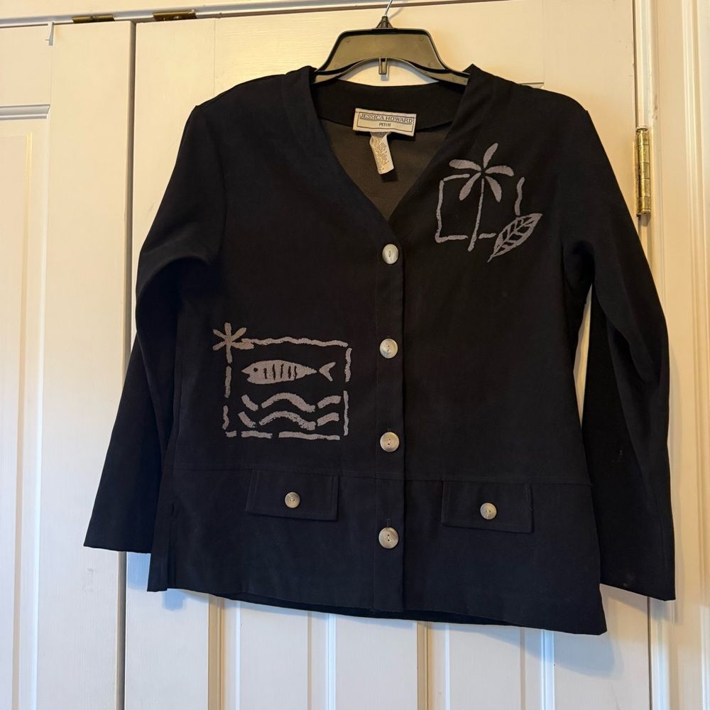 Vintage Black Jessica Howard Petite Jacket with Fish & Beachy Details Size 10